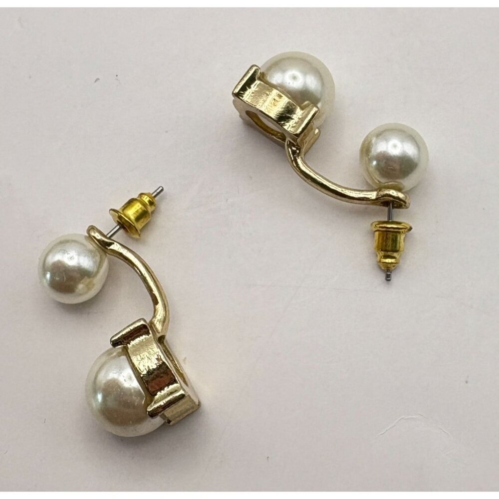 Faux Pearl Gold Tone Double Drop Earrings Classic Elegant Style - Picture 2 of 6